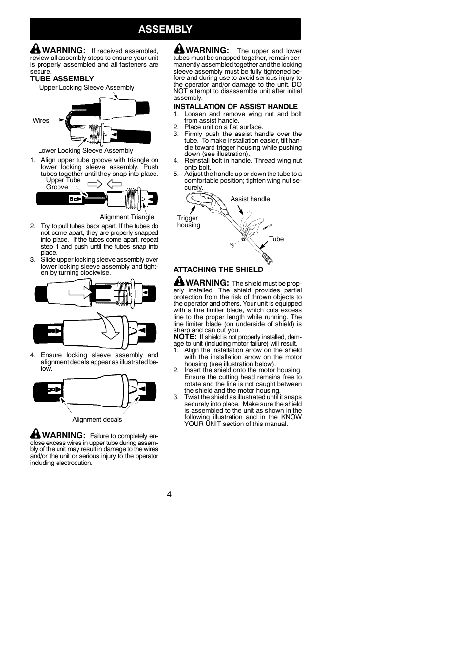Assembly, Warning | Weed Eater 952711865 User Manual | Page 4 / 9