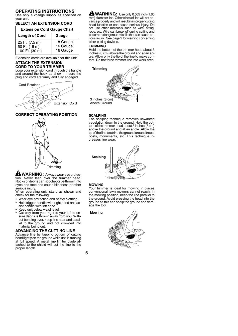 6operating instructions, Warning | Weed Eater 952711865 User Manual | Page 6 / 9