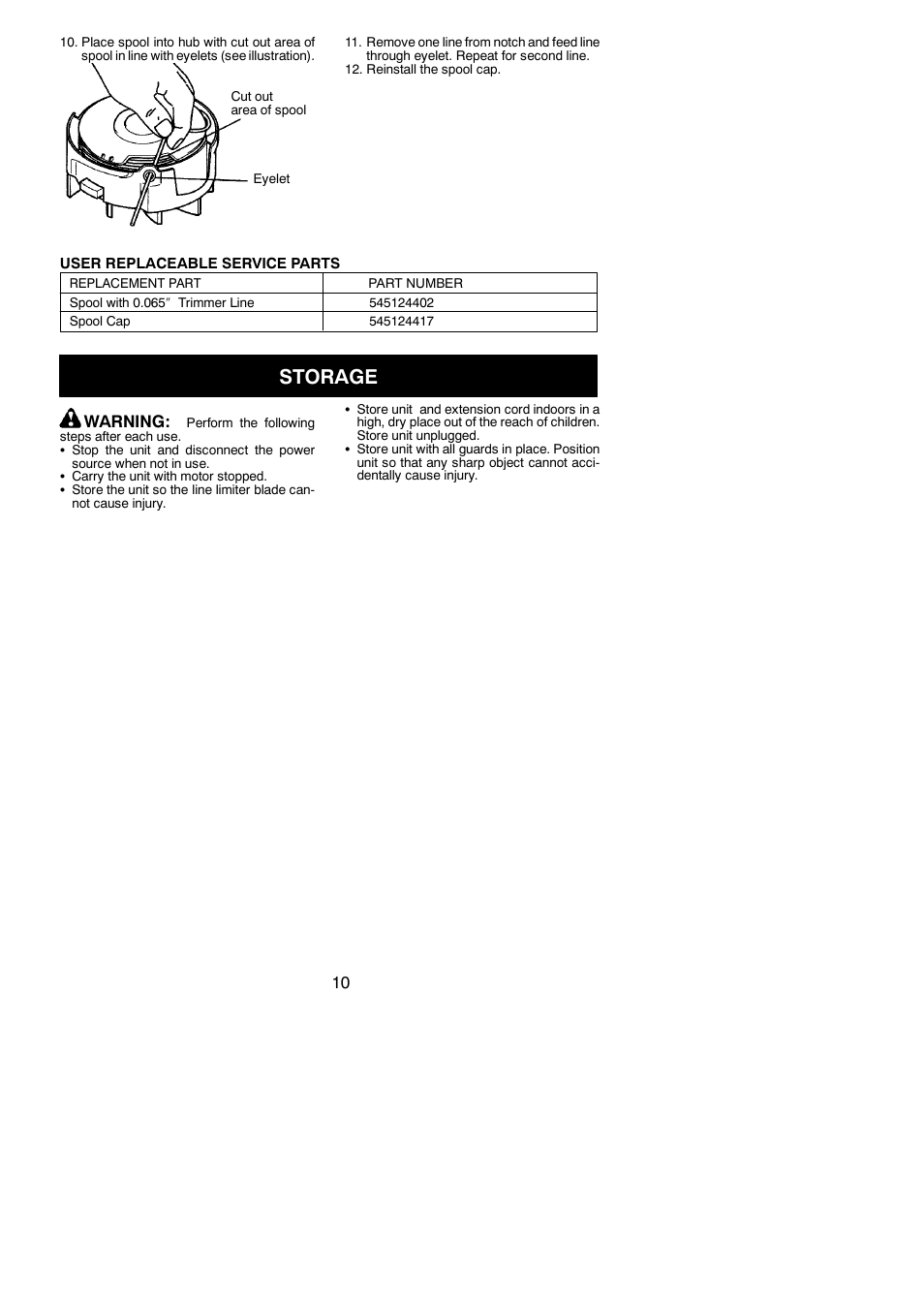Storage, Warning | Weed Eater 952711894 User Manual | Page 10 / 12