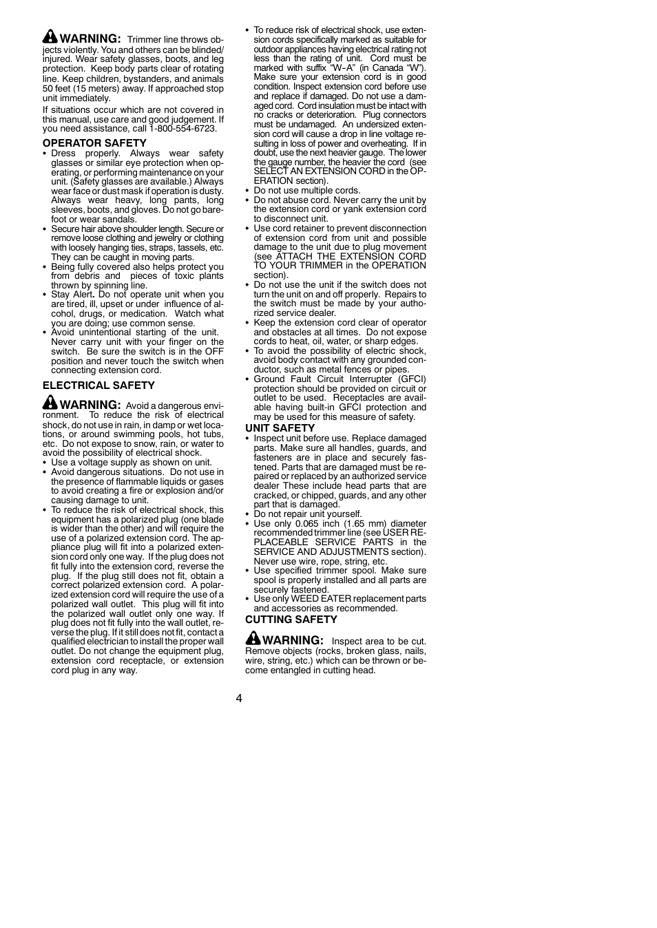 4warning, Warning | Weed Eater 952711894 User Manual | Page 4 / 12