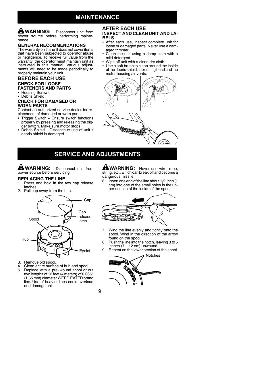 Maintenance, Service and adjustments | Weed Eater 952711894 User Manual | Page 9 / 12