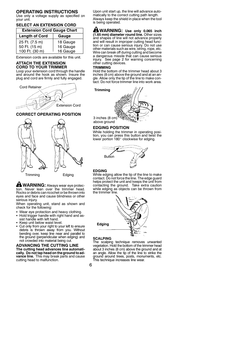 6operating instructions, Warning | Weed Eater 952711866 User Manual | Page 6 / 10