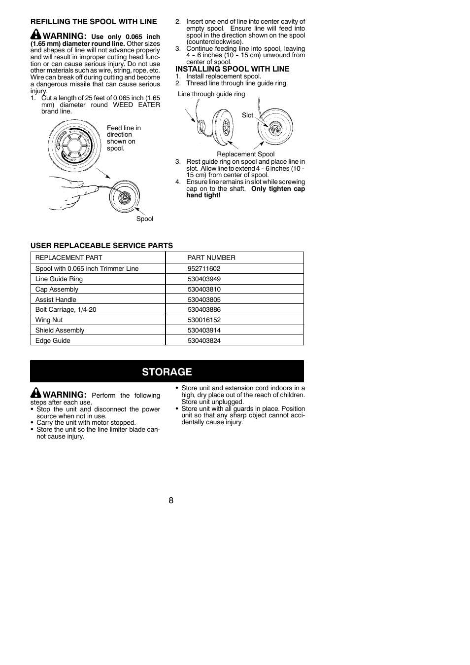 Storage, Warning | Weed Eater 952711866 User Manual | Page 8 / 10