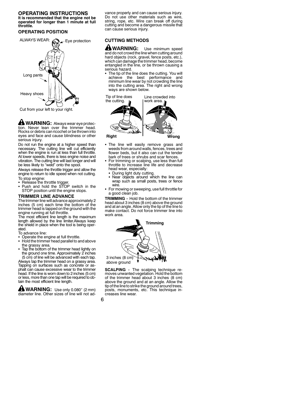 6operating instructions, Warning | Weed Eater 545137271 User Manual | Page 6 / 12