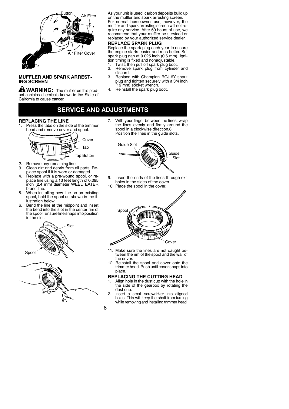 Service and adjustments, Warning | Weed Eater 545137271 User Manual | Page 8 / 12