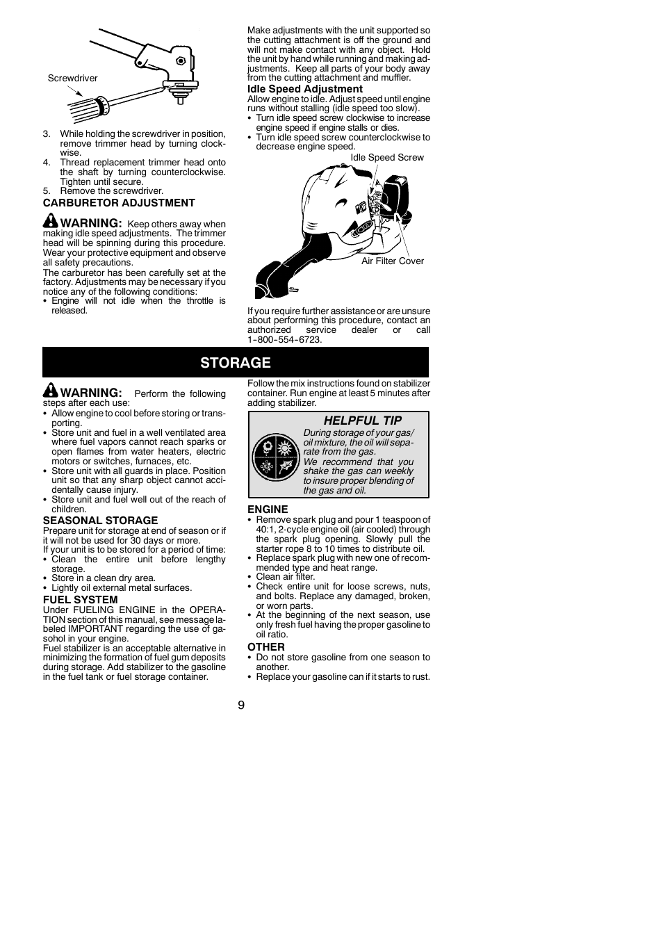 Storage, Warning, Helpful tip | Weed Eater 545137271 User Manual | Page 9 / 12