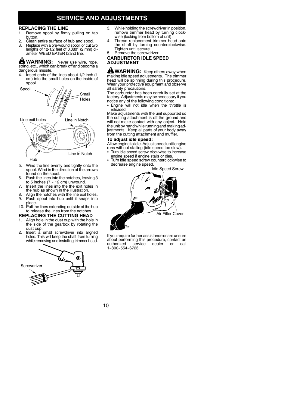 Service and adjustments, Warning | Weed Eater 545186834 User Manual | Page 10 / 14