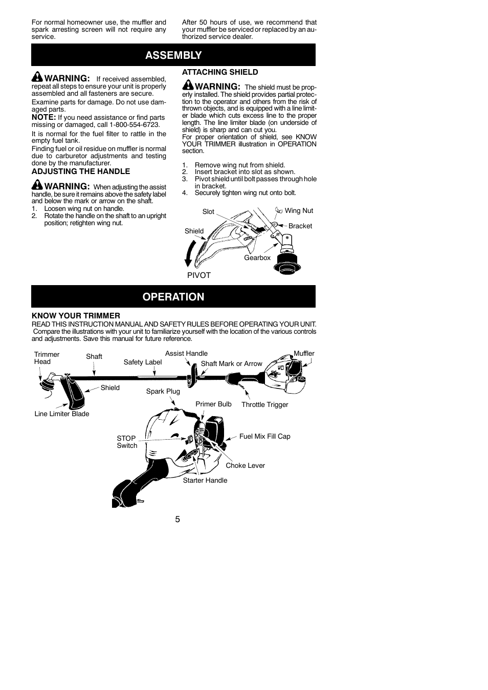 Assembly, Operation, Warning | Weed Eater 545186834 User Manual | Page 5 / 14