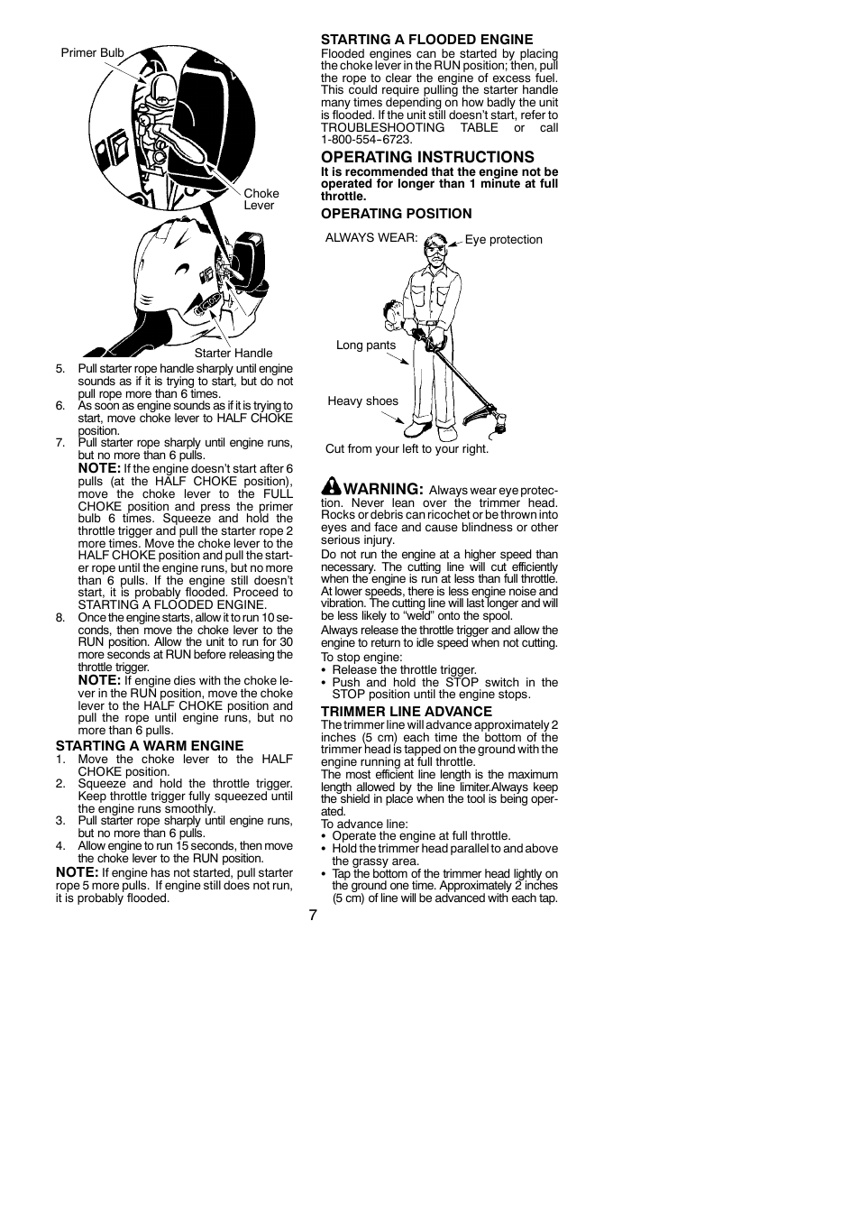 Operating instructions, Warning | Weed Eater 545186834 User Manual | Page 7 / 14
