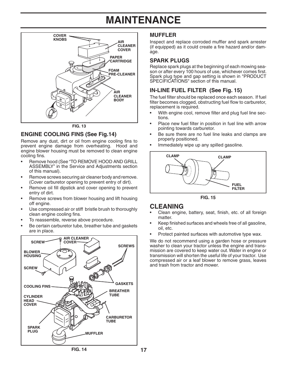 Maintenance, Cleaning | Weed Eater 186073 User Manual | Page 17 / 48
