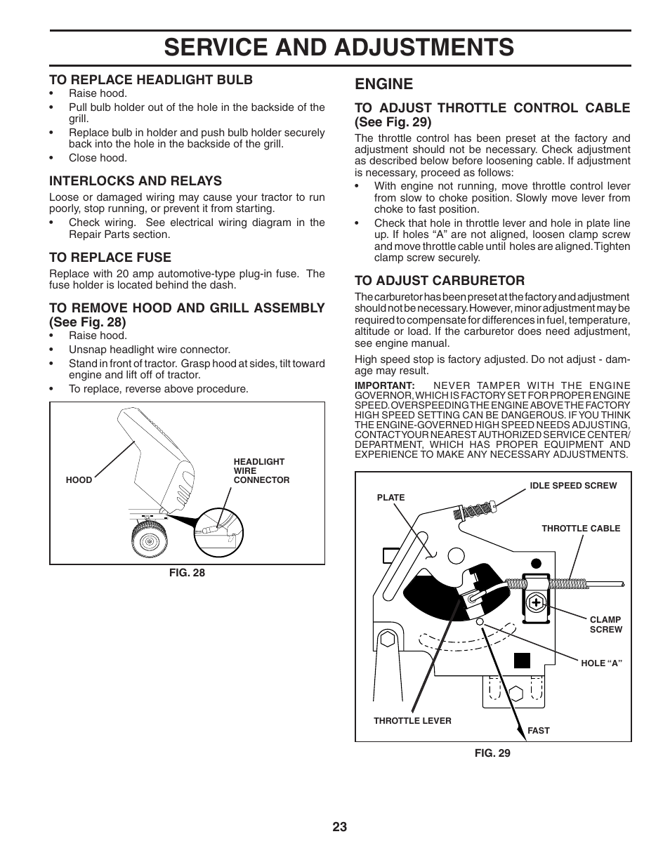 Service and adjustments, Engine | Weed Eater 186073 User Manual | Page 23 / 48