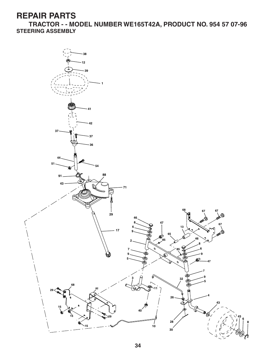 Repair parts, Steering assembly | Weed Eater 186073 User Manual | Page 34 / 48