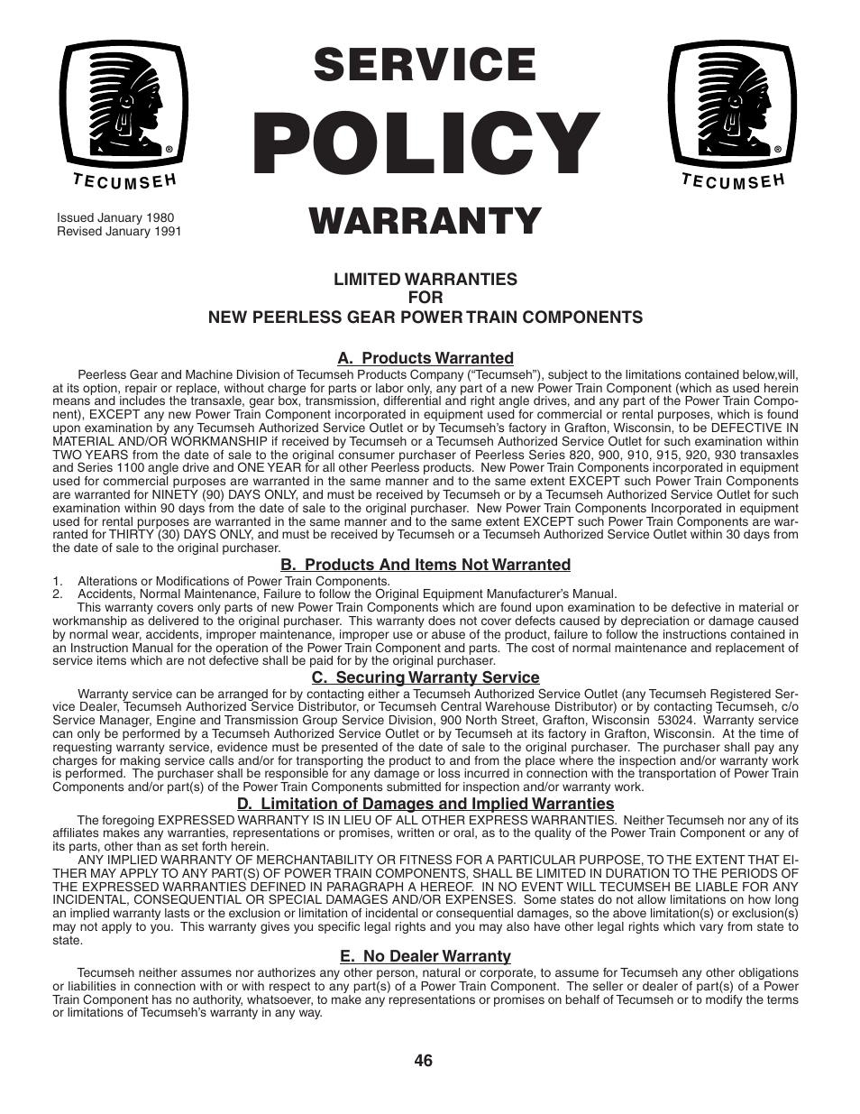 Policy, Service, Warranty | Weed Eater 186073 User Manual | Page 46 / 48