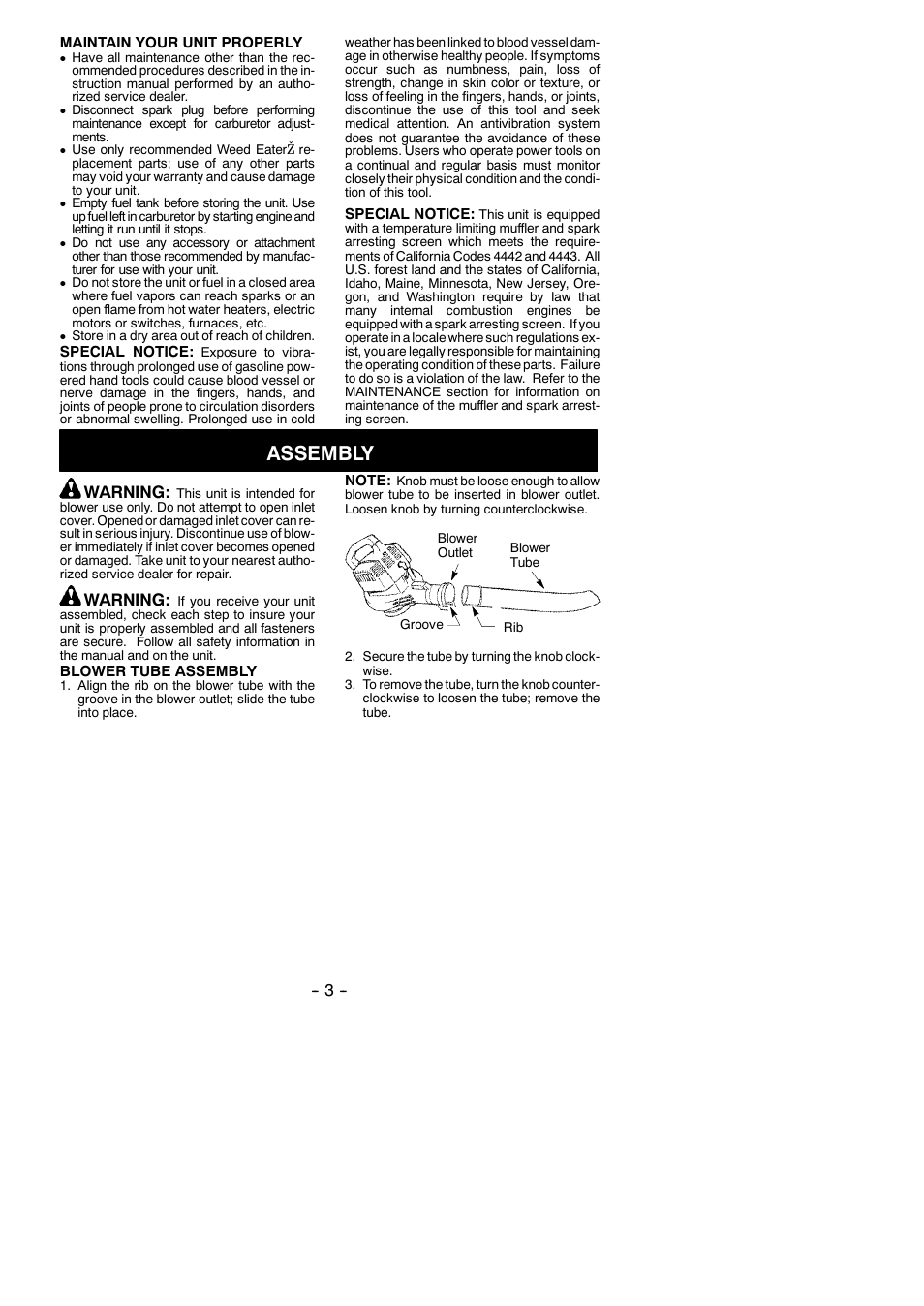 Assembly, Warning | Weed Eater 530165291-01 User Manual | Page 3 / 10