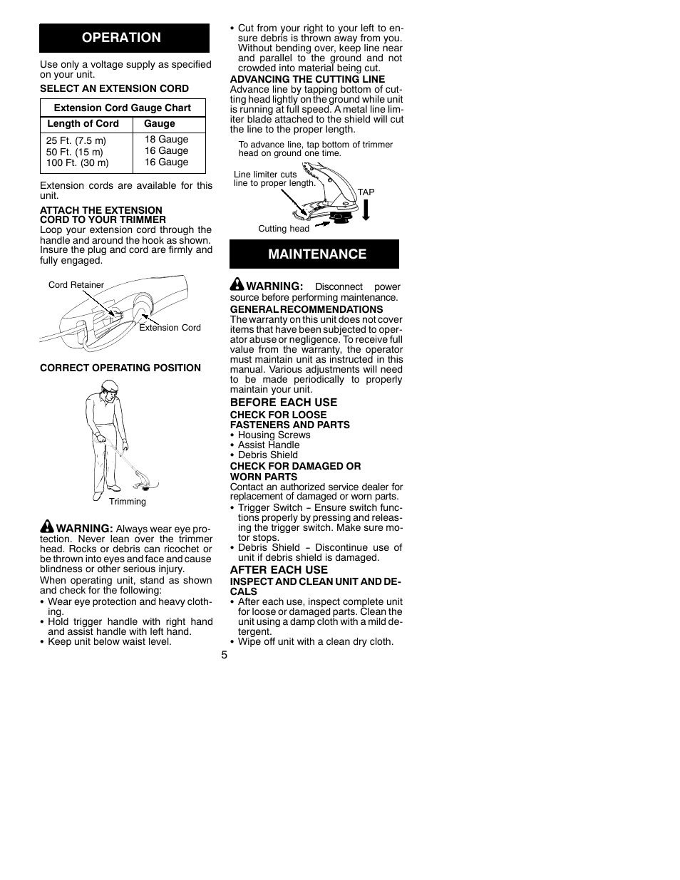 Operation, Maintenance | Weed Eater RT10 User Manual | Page 5 / 8