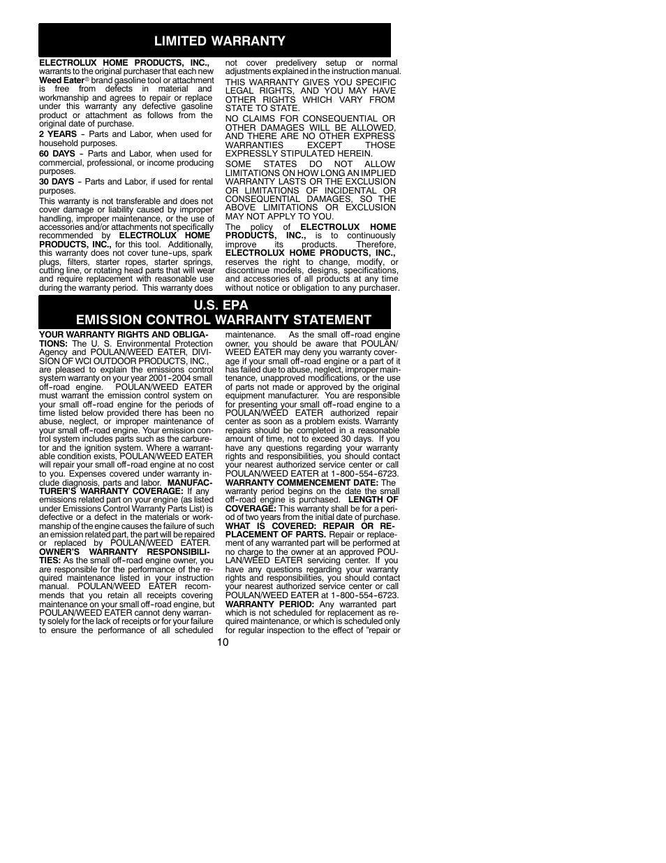 Limited warranty, U.s. epa emission control warranty statement | Weed Eater 530086924 User Manual | Page 10 / 11