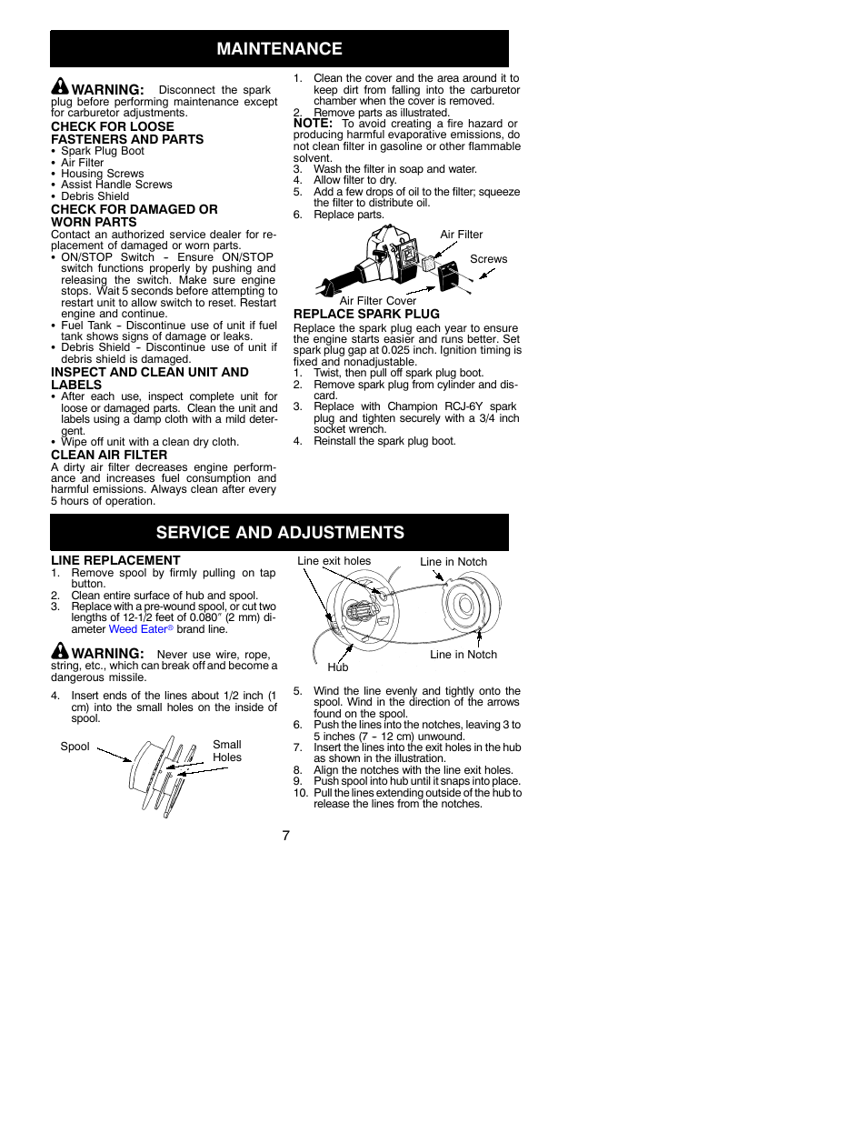Maintenance, Service and adjustments | Weed Eater 530086924 User Manual | Page 7 / 11
