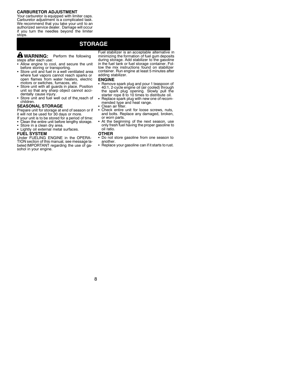 Storage | Weed Eater 530086924 User Manual | Page 8 / 11