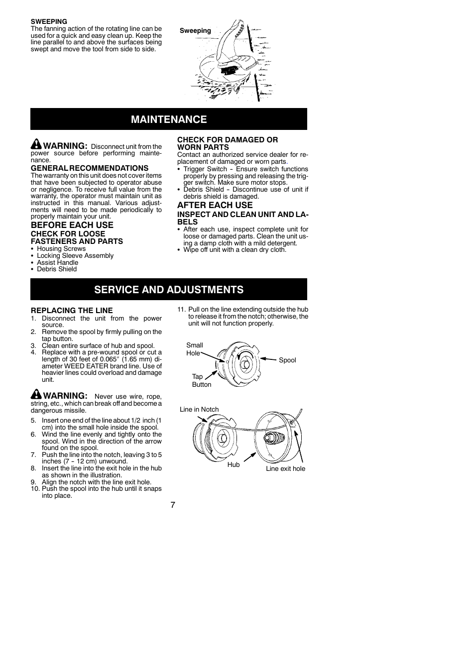 Maintenance, Service and adjustments | Weed Eater 545186760 User Manual | Page 7 / 9