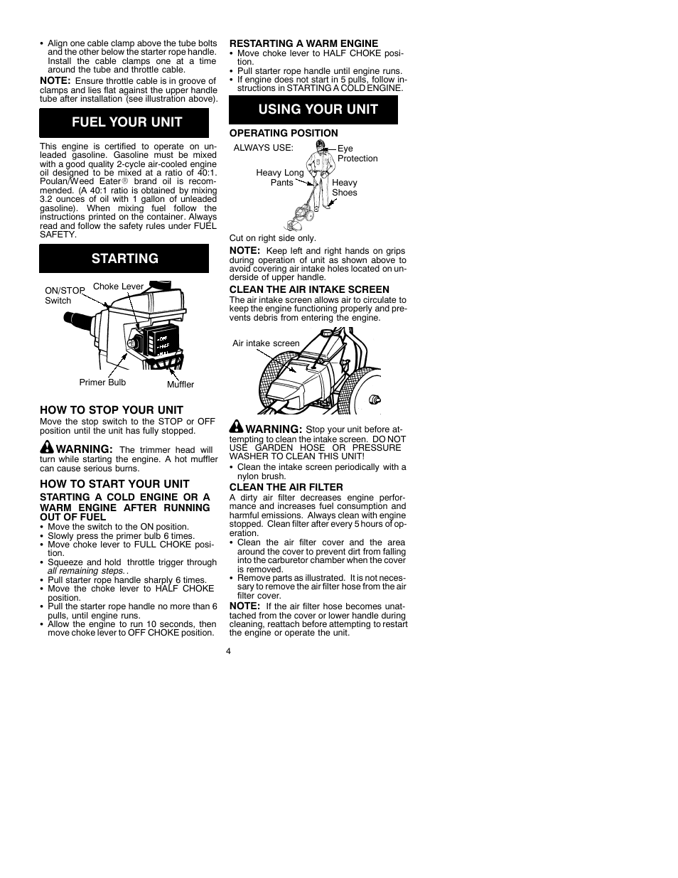 Fuel your unit, Starting, Using your unit | Weed Eater 530088696 User Manual | Page 4 / 7