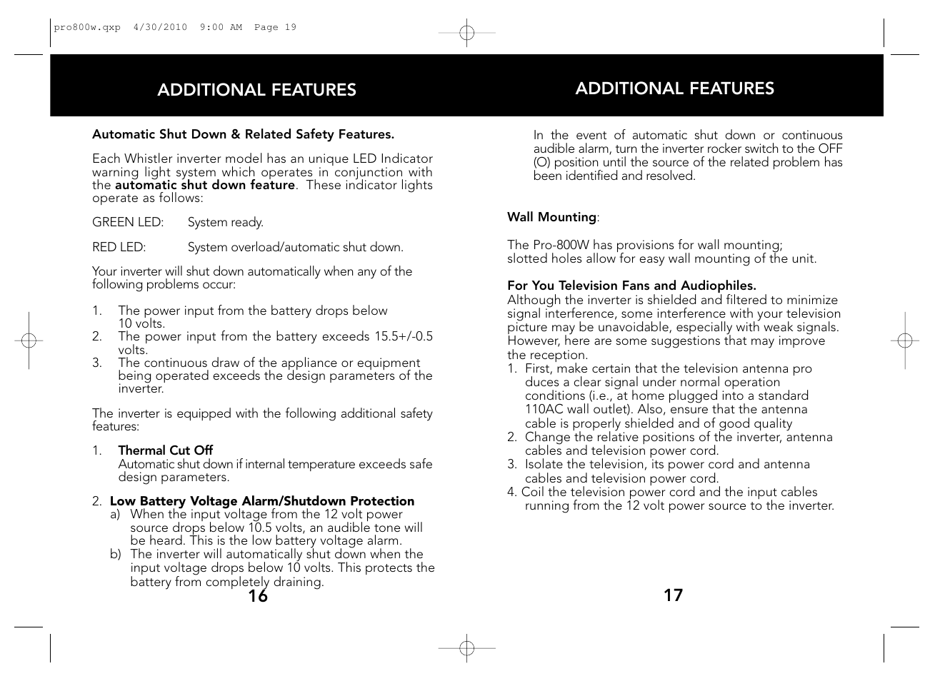 17 additional features, Additional features 16 | Whistler WATT PRO-800W User Manual | Page 10 / 17