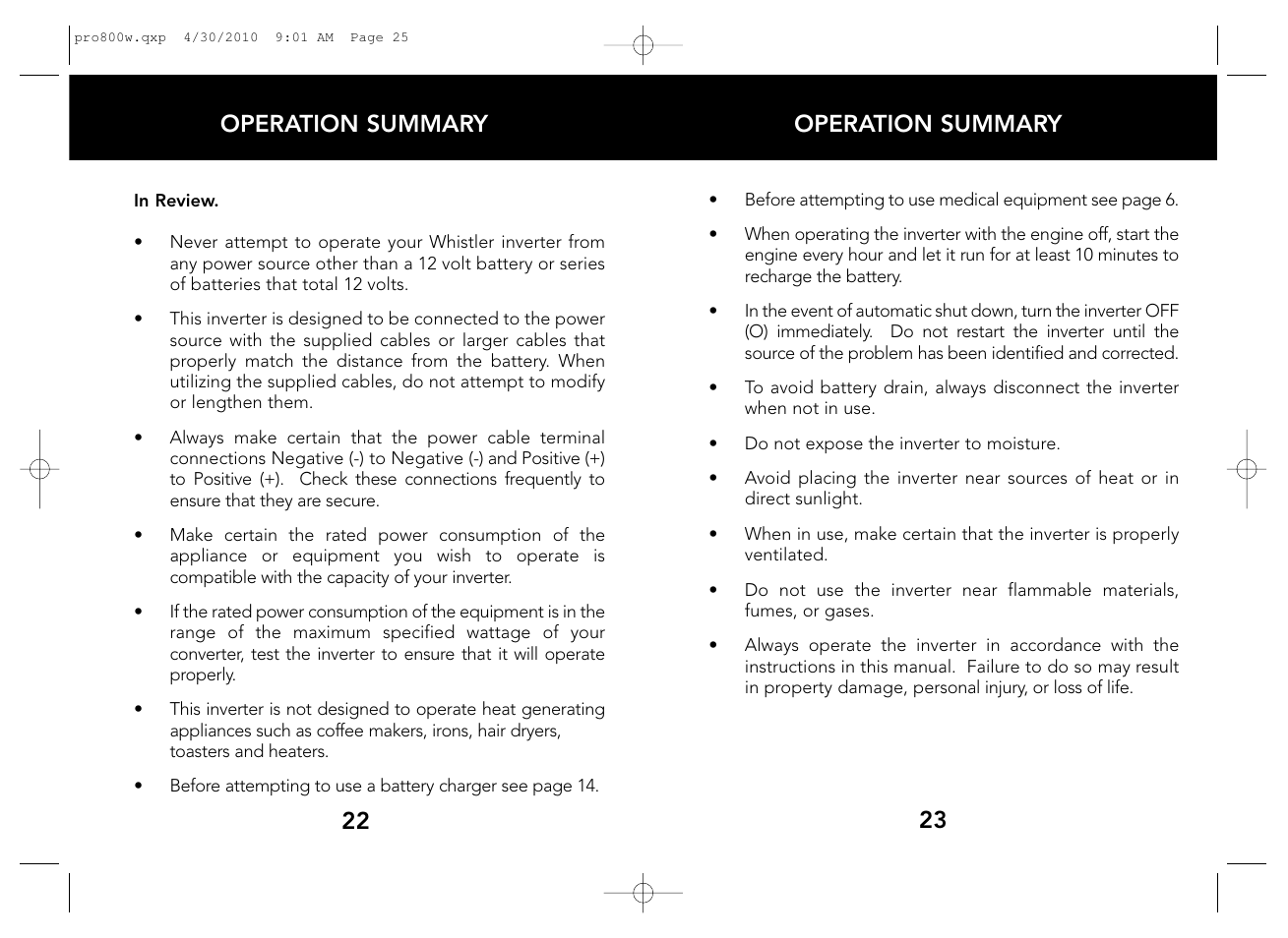Operation summary 23 operation summary 22 | Whistler WATT PRO-800W User Manual | Page 13 / 17