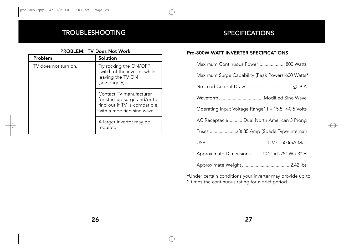 Specifications 27 26 troubleshooting | Whistler WATT PRO-800W User Manual | Page 15 / 17