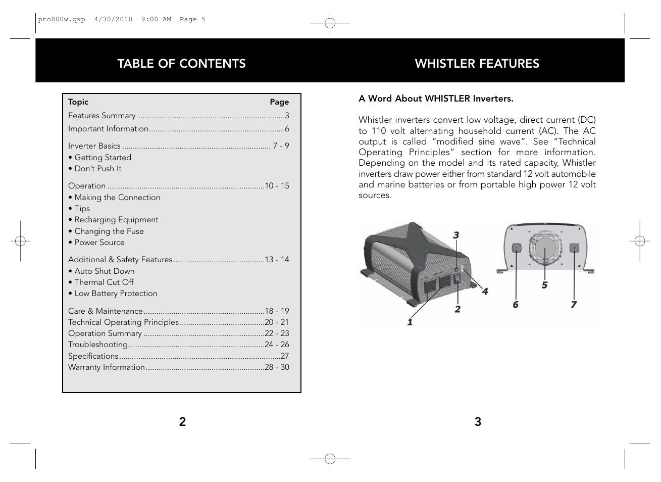 Whistler features 3, Table of contents 2 | Whistler WATT PRO-800W User Manual | Page 3 / 17