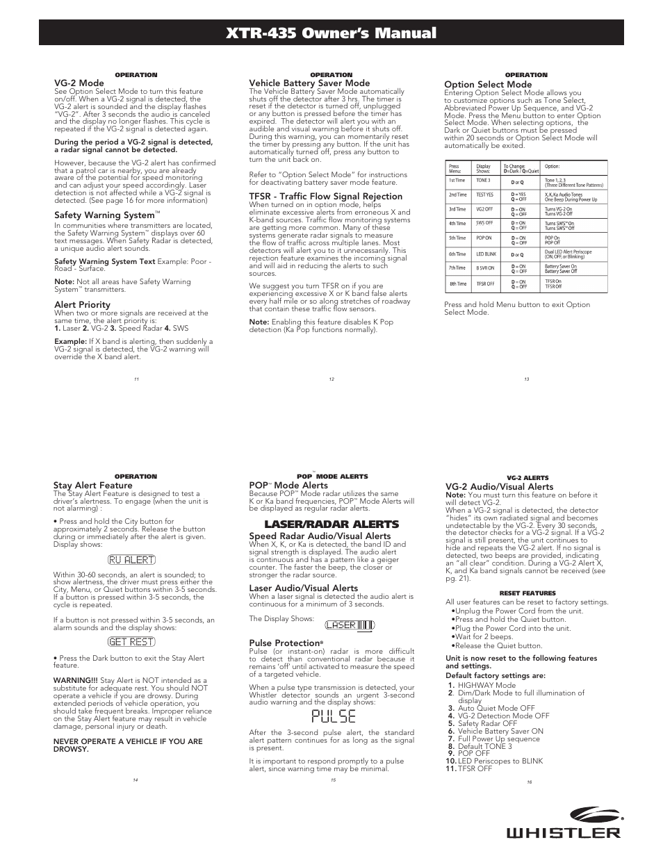 Xtr-435 owner’s manual, Laser/radar alerts | Whistler XTR-435 User Manual | Page 3 / 5