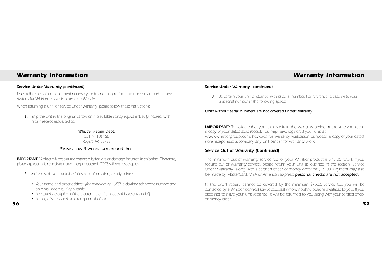 Warranty information | Whistler BT3200 User Manual | Page 20 / 21