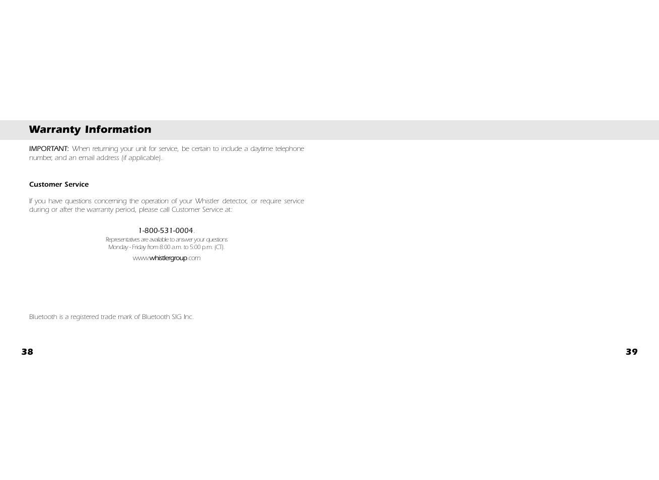 Warranty information | Whistler BT3200 User Manual | Page 21 / 21