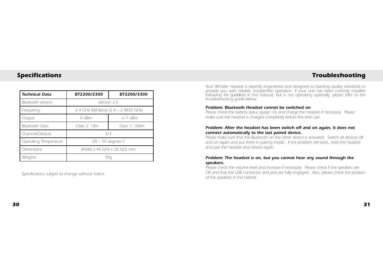 Specifications troubleshooting | Whistler BT3300 User Manual | Page 17 / 21