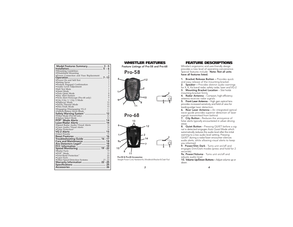 Pro-58, Pro-68, Feature descriptions | Whistler features | Whistler Pro 58/68 User Manual | Page 2 / 9