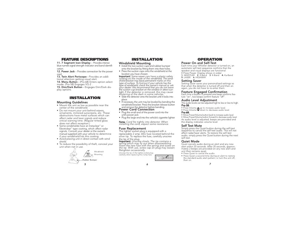 Installation, Feature descriptions, Operation | Whistler Pro 58/68 User Manual | Page 3 / 9