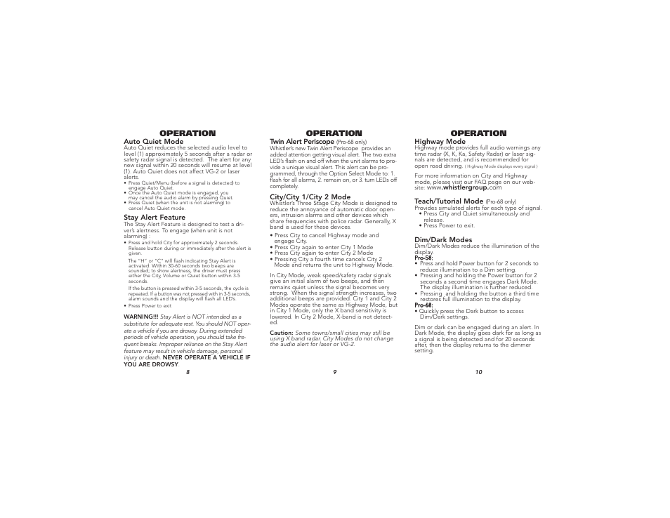 Operation | Whistler Pro 58/68 User Manual | Page 4 / 9