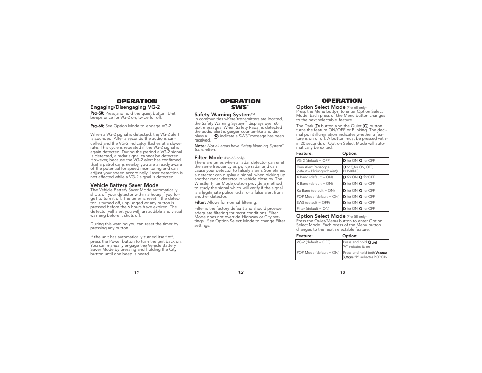 Operation, Operation sws | Whistler Pro 58/68 User Manual | Page 5 / 9