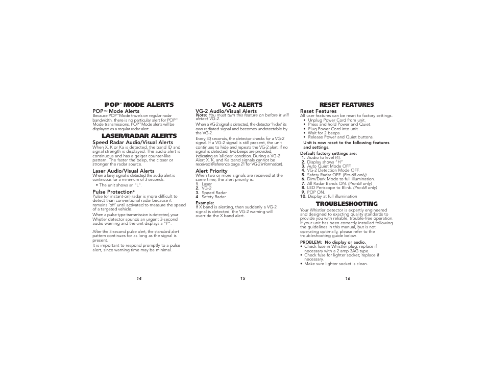 Laser/radar alerts, Mode alerts, Vg-2 alerts | Troubleshooting, Reset features | Whistler Pro 58/68 User Manual | Page 6 / 9
