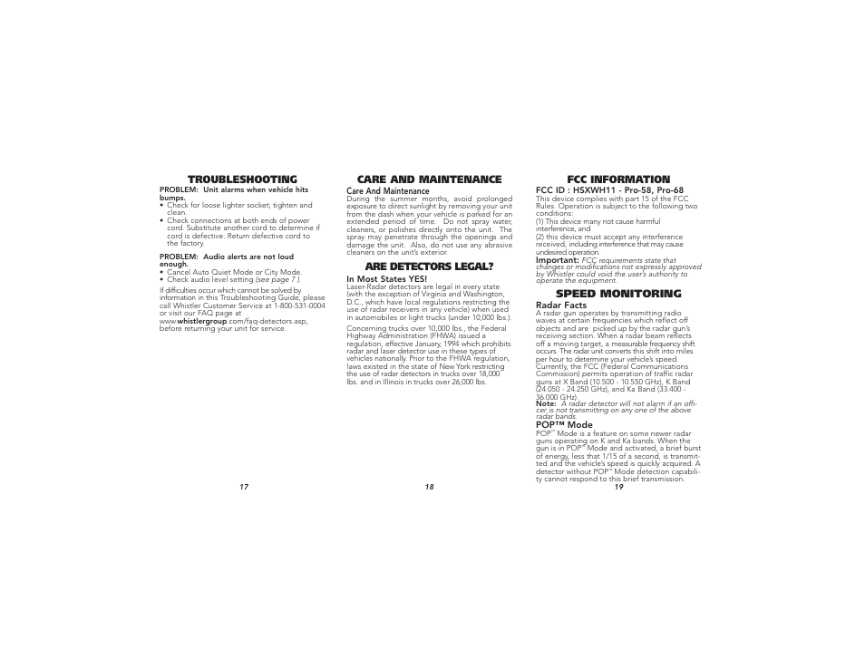 Troubleshooting, Are detectors legal, Care and maintenance | Speed monitoring, Fcc information | Whistler Pro 58/68 User Manual | Page 7 / 9