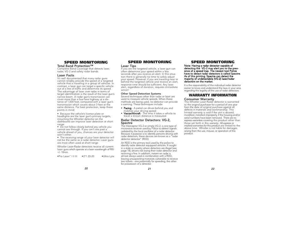 Speed monitoring, Warranty information | Whistler Pro 58/68 User Manual | Page 8 / 9