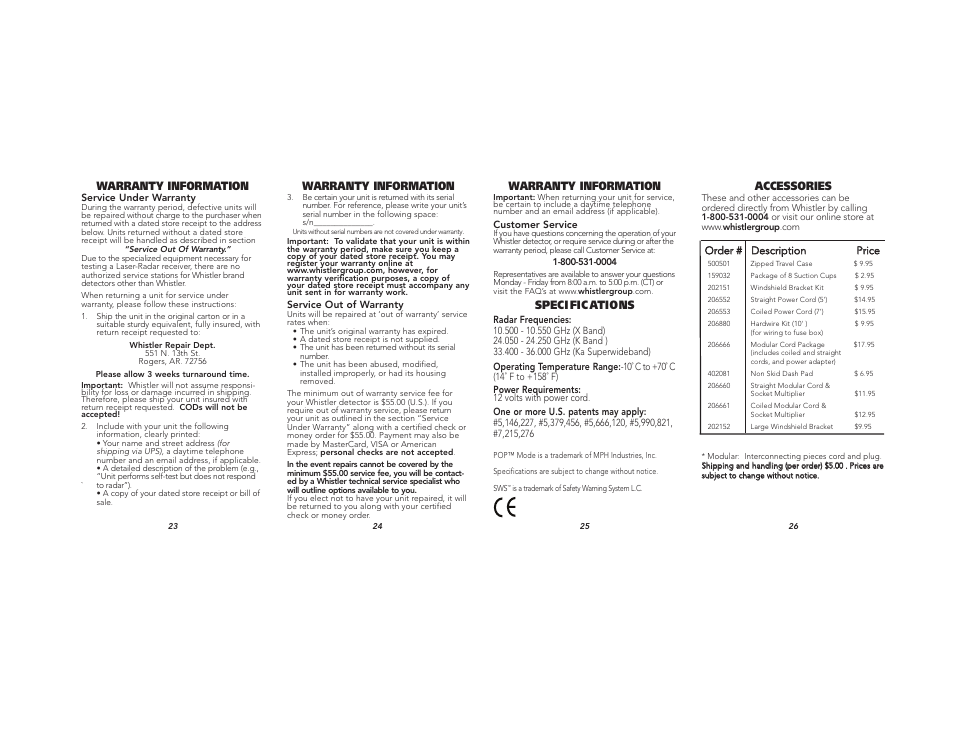 Warranty information, Speci fic ations, Accessories | Whistler Pro 58/68 User Manual | Page 9 / 9