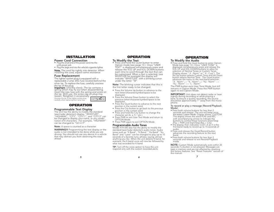 Operation, Installation | Whistler Detector Laser-Radar XTR-585 User Manual | Page 3 / 9