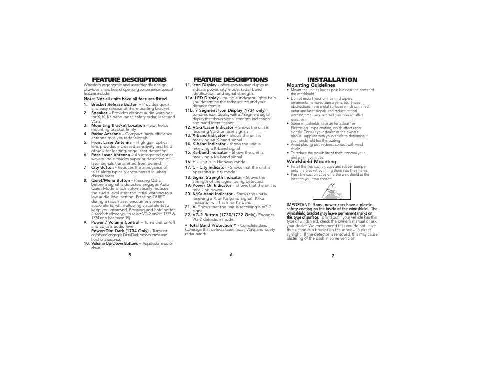 Feature descriptions, Installation | Whistler 1710 User Manual | Page 3 / 9