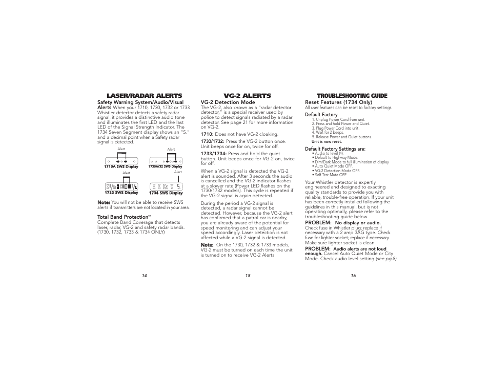 Vg-2 alerts laser/radar alerts, Troubleshooting guide | Whistler 1710 User Manual | Page 6 / 9