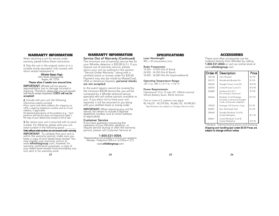 Warranty information, Specifications, Accessories | Whistler 1710 User Manual | Page 9 / 9