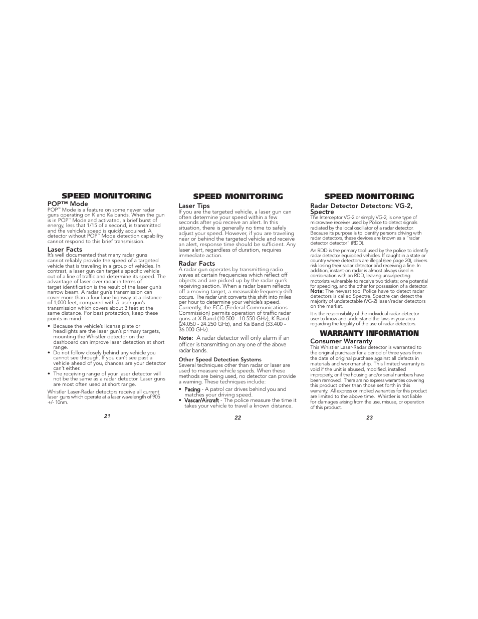 Speed monitoring, Warranty information | Whistler PROTECTION PRO-78SE User Manual | Page 8 / 9