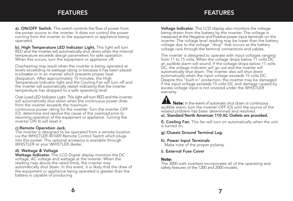 Features, 7features 6 | Whistler 3000 User Manual | Page 5 / 18