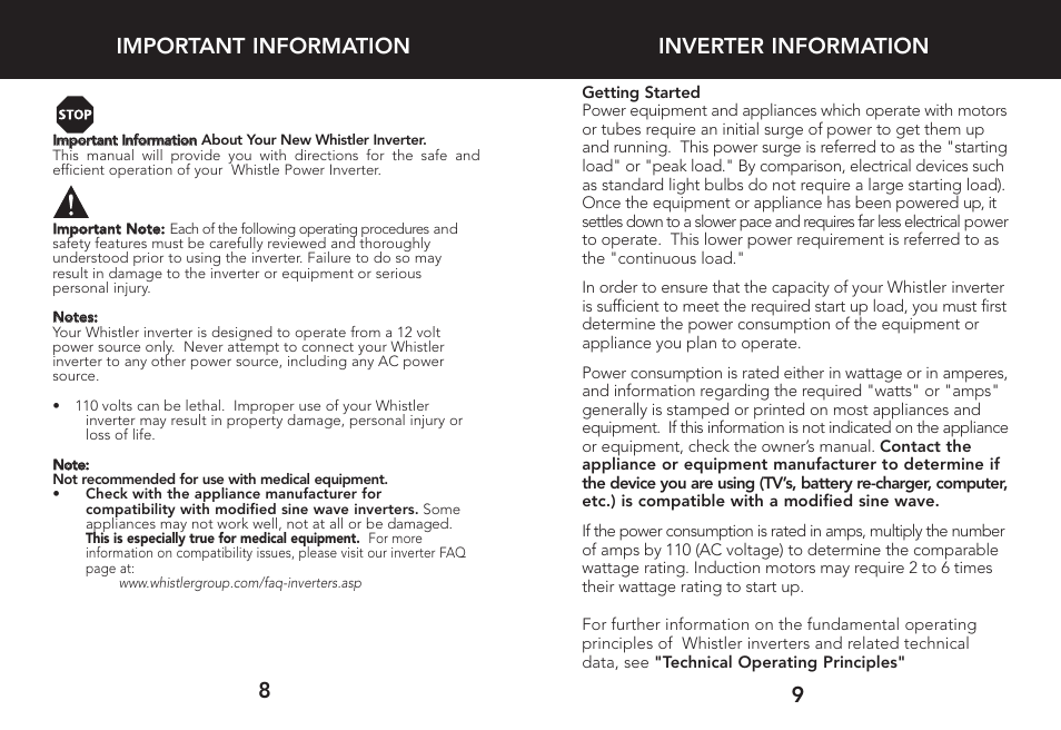 Inverter information, 9important information 8 | Whistler 3000 User Manual | Page 6 / 18
