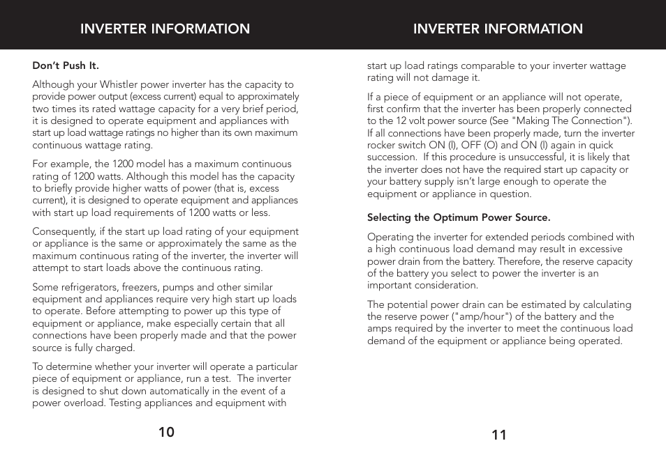 Inverter information, 11 inverter information 10 | Whistler 3000 User Manual | Page 7 / 18