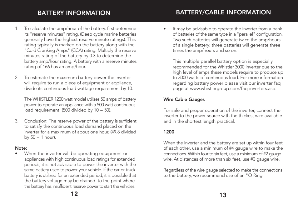 13 battery/cable information, Battery information 12 | Whistler 3000 User Manual | Page 8 / 18
