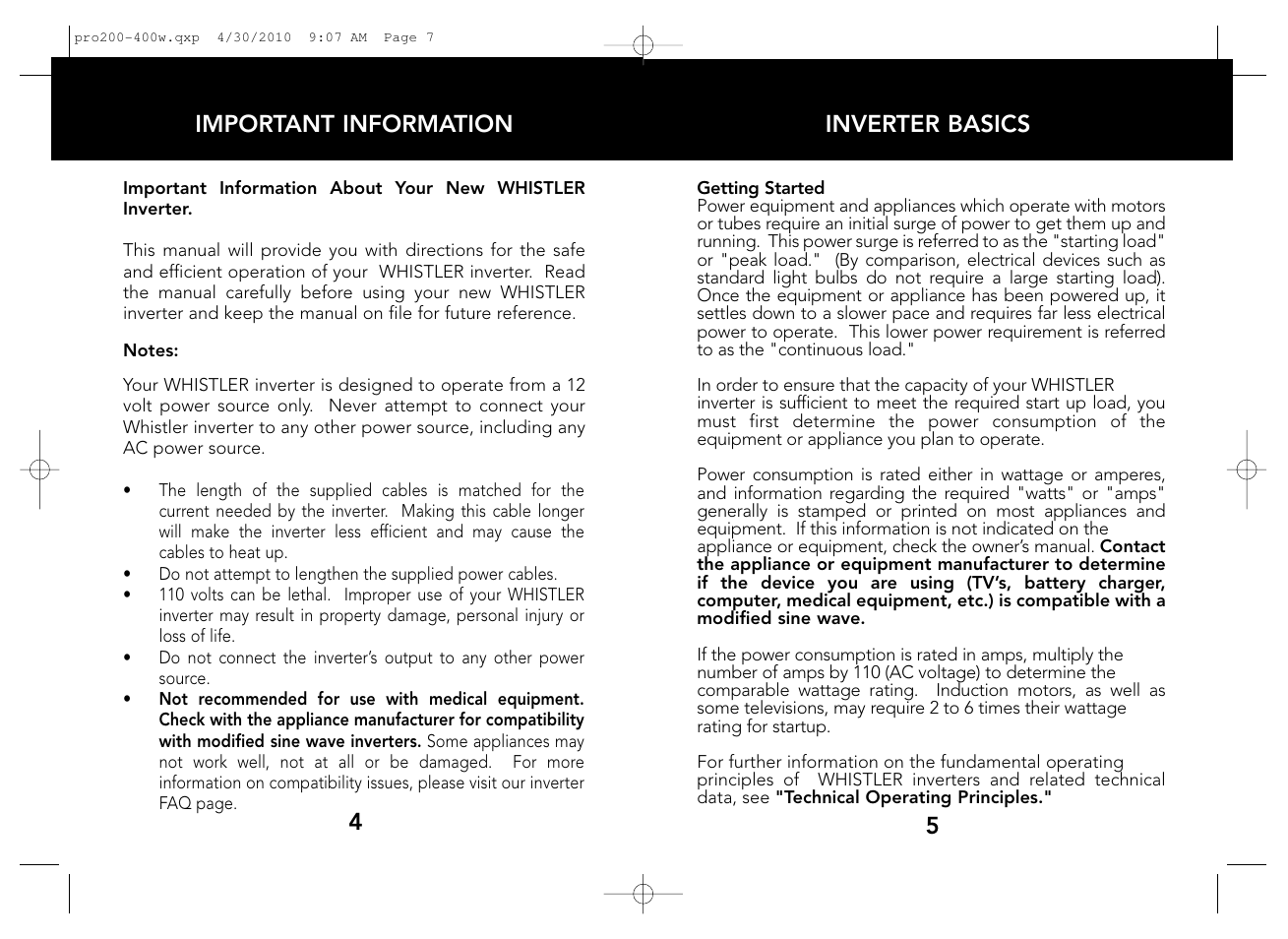 Inverter basics, 5important information | Whistler PRO-400W User Manual | Page 4 / 15